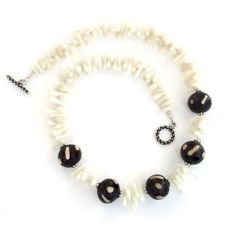 black and white boho batik bone and coral handmade  jewelry for her