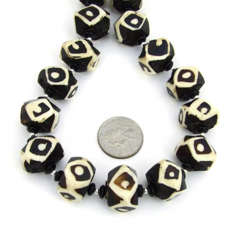 black and white vintage african batik bone bead handmade necklace