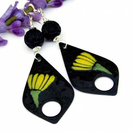 black and yellow enamel floral long dangle jewelry earrings gift for her