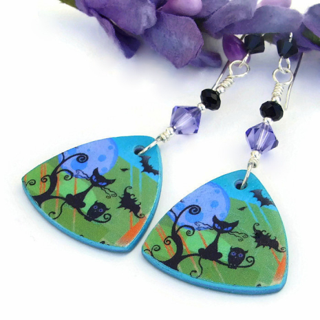 black cat owl bats halloween earrings spooky handmade jewelry gift for women