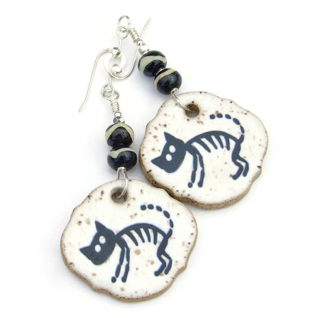 black cat skeleton halloween earrings handmade gift for her