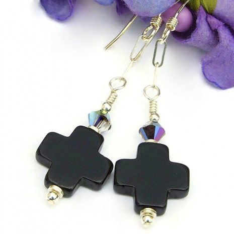 black gemstone cross earrings swarovski crystals