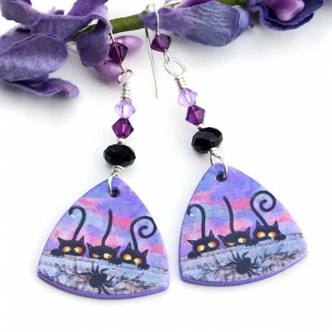 black kitty cats spider halloween handmade earrings onyx swarovski crystals