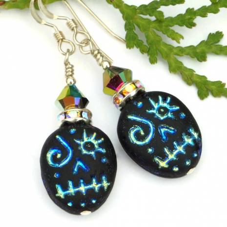 black metallic blue halloween voodoo skull handmade jewelry swarovski crystals