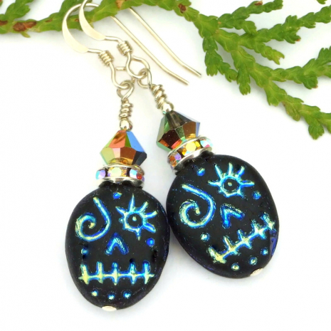 black metallic blue voodoo skull handmade halloween earrings swarovski crystals