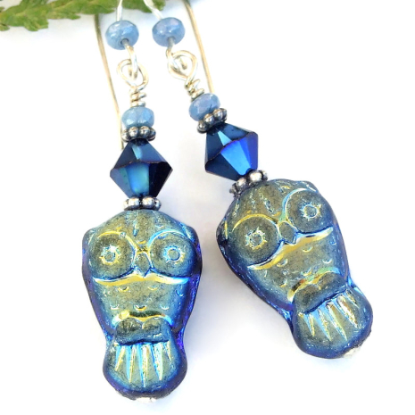 black owl earrings metallic aurora borealis swarovski crystal jewelry gift