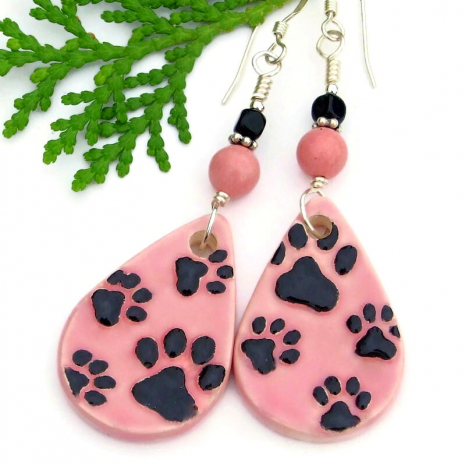 black paw prints pink dog lover handmade earrings rhodonite onyx