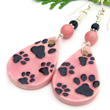 black paw prints pink dog lover handmade jewelry rhodonite onyx