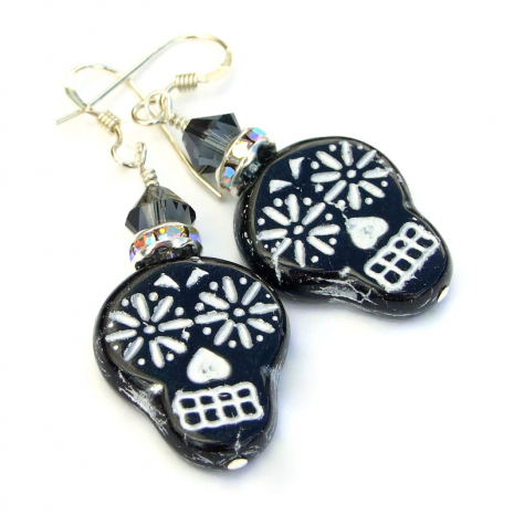 black silver sugar skulls earrings handmade gift for her