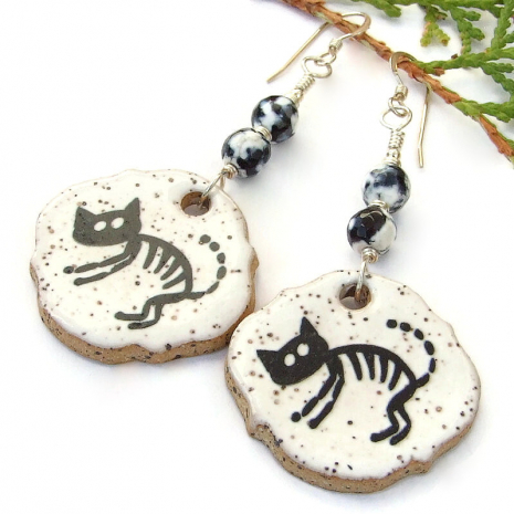 black skeleton cat halloween earrings ceramic crackle agate gemstones