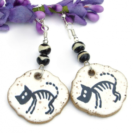 black skeleton cat handmade earrings halloween day of the dead