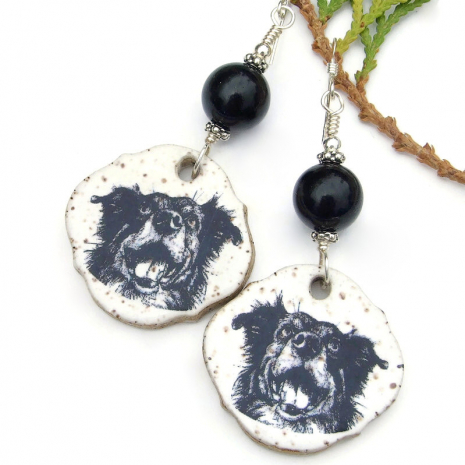 black white dog lover earrings handmade onyx gemstones