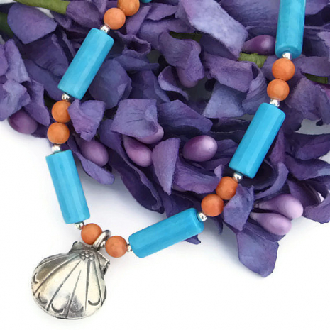 blue and coral beach shell jewelry for summer