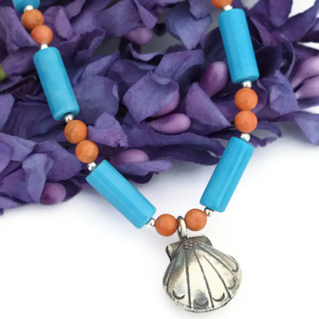 blue and coral beach shell necklace for summer