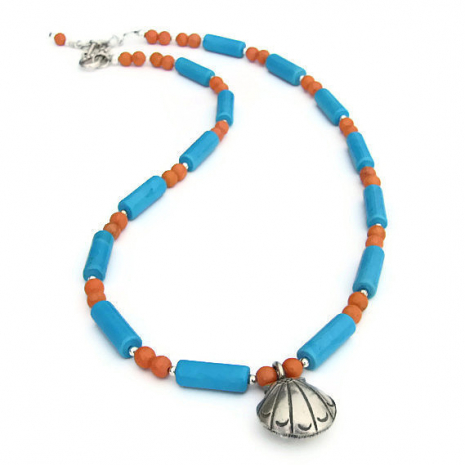 blue and coral beach jewelry with seashell pendant