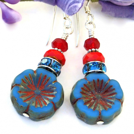 blue and red czech glass flower jewelry with crystals