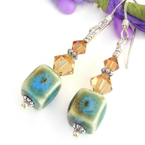 blue brown cream cube jewelry ceramic handmade swarovski crystals