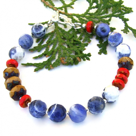 blue brown red color block bracelet sodalite czech glass