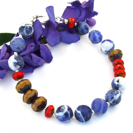 blue brown red color block jewelry sodalite czech glass