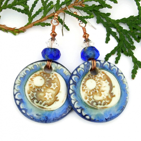blue brown white sun stars moon artisan earrings