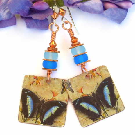 blue butterfly handmade earrings copper czech glass