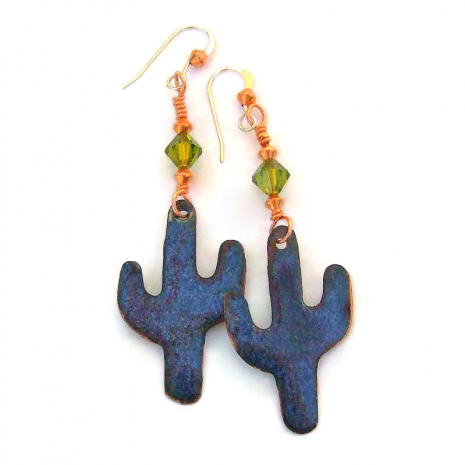 blue enamel back side of saguaro cactus earrings