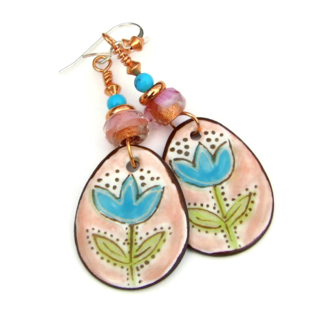 blue flowers handmade boho earrings hand painted tulips gift for her