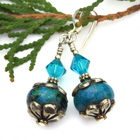 blue green azurite tibetan bead earrings