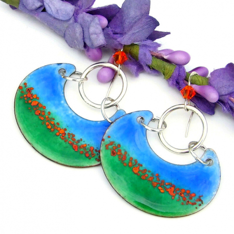 blue green orange poppy flower earrings handmade enamel jewelry