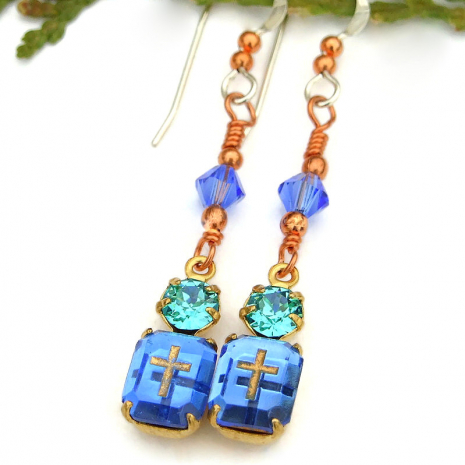 blue intaglio cross earrings German Swarovski crystals
