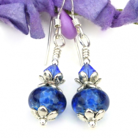 blue lampwork glass earrings handmade silver swarovski crystals