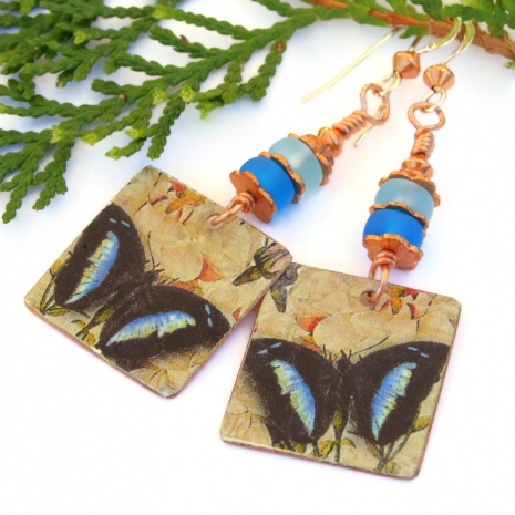 blue morpho butterfly earrings handmade  copper vintage look