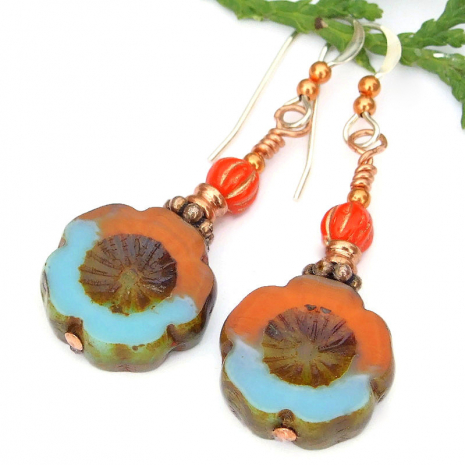 blue orange flower jewelry handmade czech glass copper