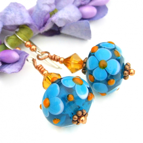 blue orange lampwork flower earrings crystals handmade