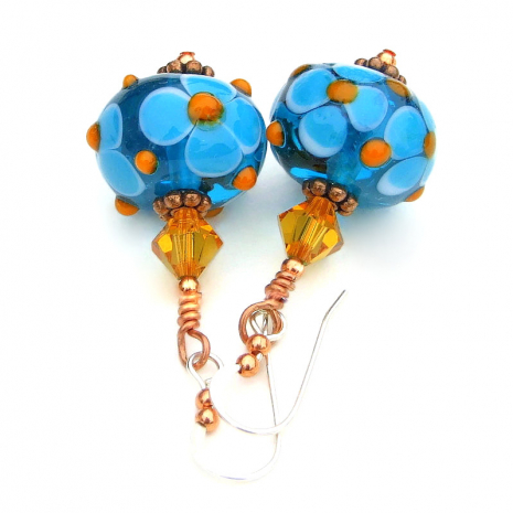 blue orange lampwork flower jewelry crystals handmade