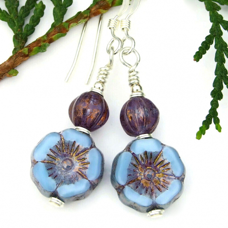 blue plum purple pansy flower earrings czech glass