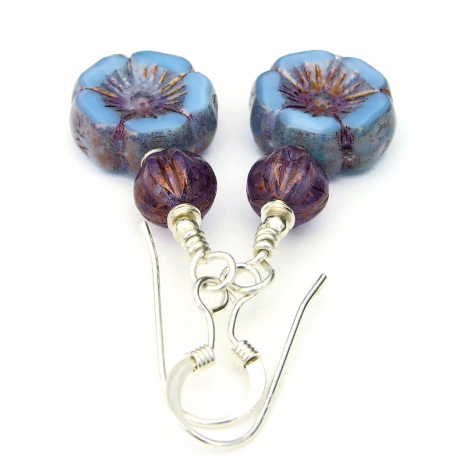 blue plum purple pansy flower jewelry czech glass