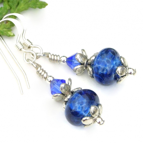 blue silver earrings handmade lampwork glass beads swarovski crystals