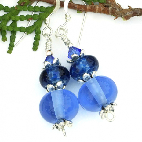 blue silver earrings handmade lampwork glass gift for women