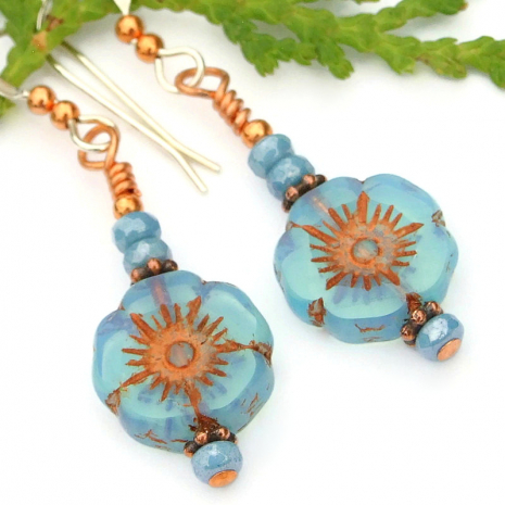 blue sky opal pansy flower earrings Czech glass copper