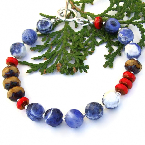 blue sodalite brown red czech glass handmade bracelet jewelry gift