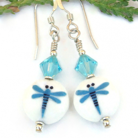 blue white ceramic dragonfly dragonflies earrings handmade swarovski crystals