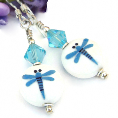 blue white dragonfly earrings handmade ceramic dragonflies swarovksi crystals