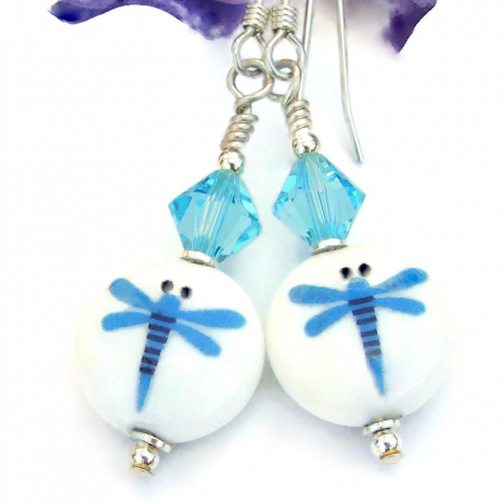 blue white dragonfly jewelry handmade ceramic dragonflies swarovksi crystals