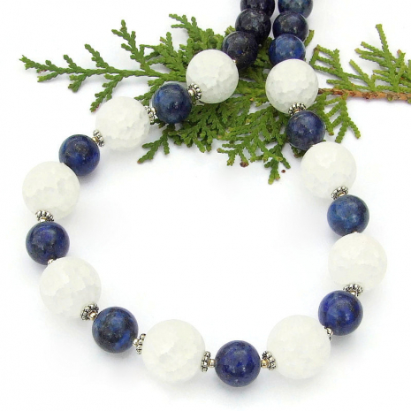 blue white gemstone necklace lapis lazuli crackle quartz handmade