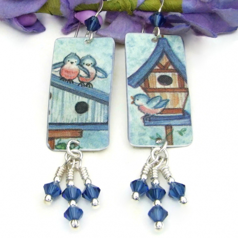 bluebirds bird lover earrings handmade recycled tin swarovski crystals