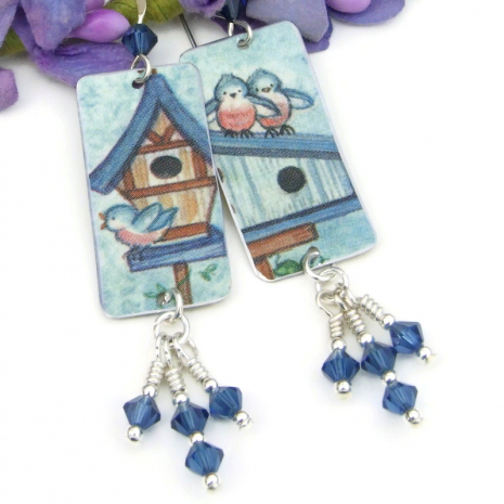 bluebirds bird lover jewelry handmade recycled tin swarovski crystals