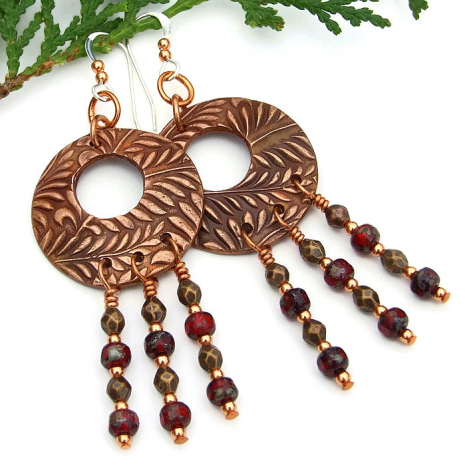boho copper and red chandelier earrings gift idea for her