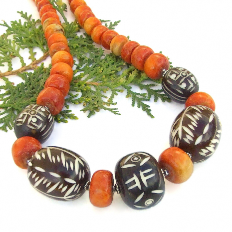 boho african carved brown white bone bead necklace coral handmade jewelry gift