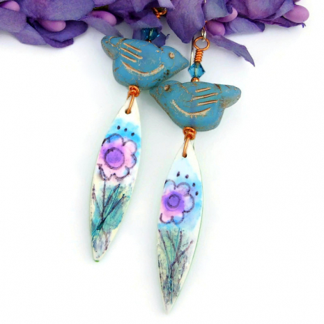 boho birds flowers earrings gift for her